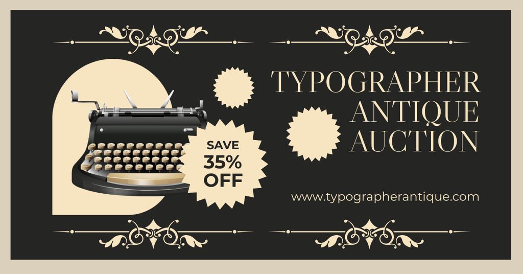 Valuable Typewriter With Discounts On Antiques Auction Offer Facebook AD tervezősablon