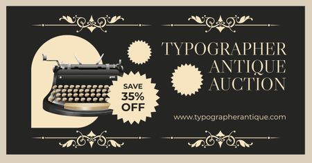 Valuable Typewriter With Discounts On Antiques Auction Offer Facebook AD Design Template