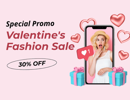 Special Valentine's Day Promotion with Surprised Blonde Woman Thank You Card 5.5x4in Horizontal Modelo de Design
