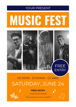 Plantilla de diseño de Festival de música de destacados músicos y DJs con entrada gratuita Poster 