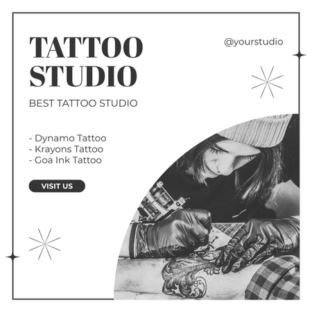 Designvorlage Qualifizierter Tätowierer im Studio mit verschiedenen Arten von Tätowierungen für Instagram