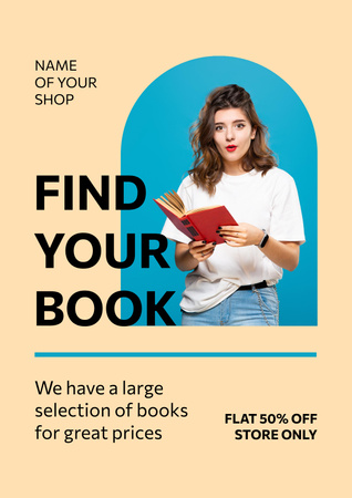 Book Sale with Woman Reading Poster Tasarım Şablonu
