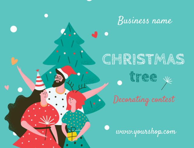 Template di design Family Celebrating Christmas Together with Christmas Tree Postcard 4.2x5.5in