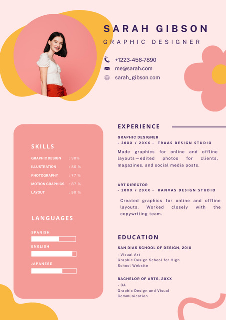 Template di design Art Director And Graphics Designer Skills In Pink Resume