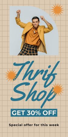 Dancing hipster man for thrift shop Graphic Design Template