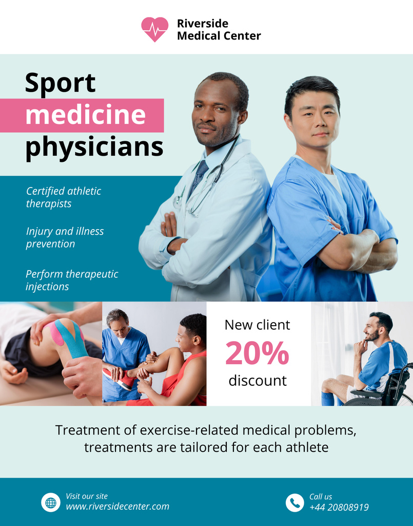 Sport Medicine Physicians Services with Mixed Race Doctors Poster 22x28in Design Template