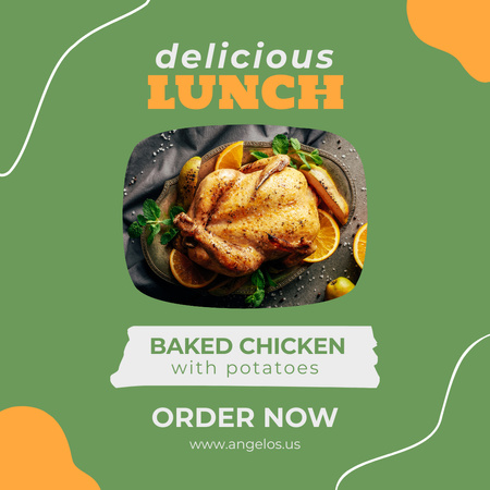 Designvorlage Köstliches gebackenes Hähnchen mit Kartoffeln zum Mittagessen für Instagram