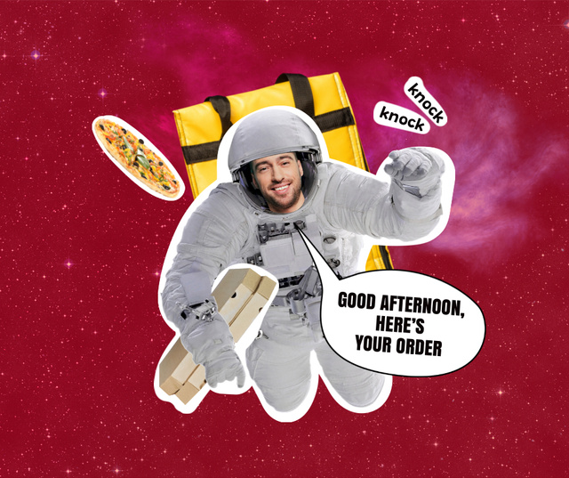 Funny Astronaut Delivery Man with Pizza Facebook Design Template