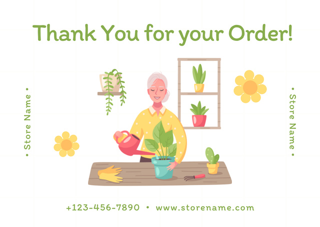 Thank You Message with Woman Watering Flowers at Home Card Modelo de Design