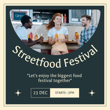 Plantilla de diseño de Anuncio del festival de comida callejera con clientes cerca del stand Instagram 