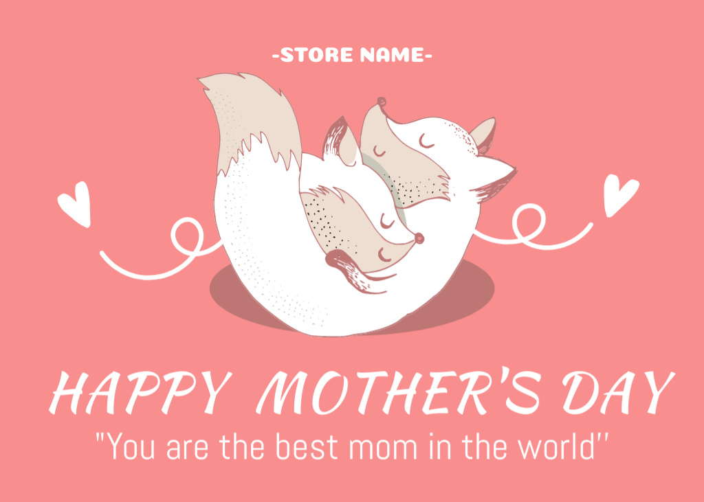 Illustration of Cute Foxes on Mother's Day Postcard 5x7in Design Template