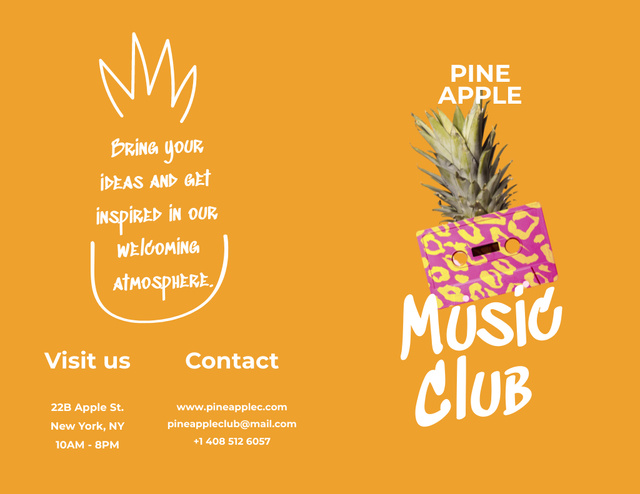 Whimsical Music Club Promotion with Pineapple In Orange Brochure 8.5x11in Bi-fold Design Template