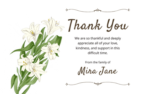 Funeral Thank You Card with White Bouquet Postcard 4x6in Design Template