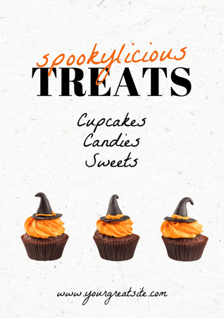 Halloween Treats Offer with Pumpkin Cupcakes with Witch Hat Poster A3 Design Template