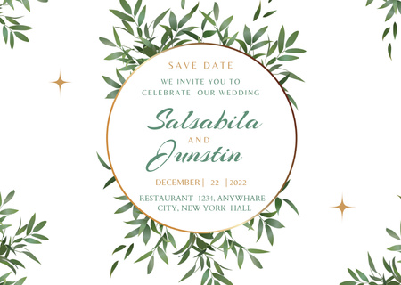 Wedding Invitation with Green Leaves Postcard Design Template