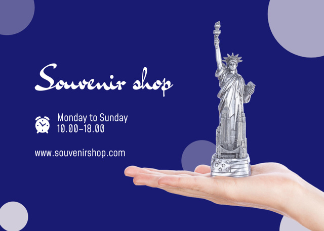 Template di design Souvenir Shop Ad with Tiny Statue of Liberty on Hand Postcard 5x7in