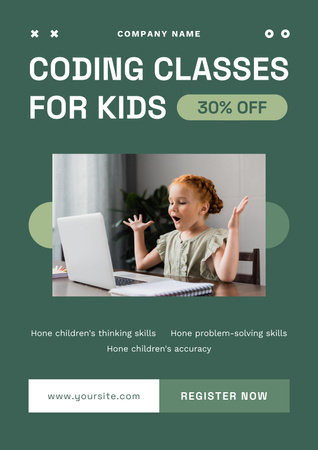 Little Girl using Laptop at Coding Class Poster Design Template