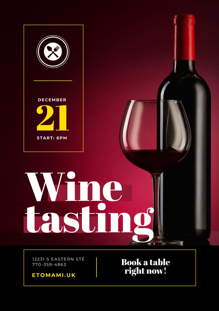 Wine Tasting Event with Red Wine in Glass and Bottle Posterデザインテンプレート