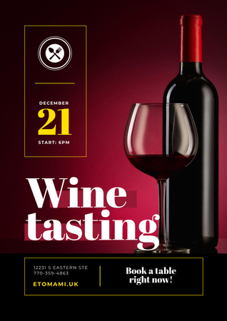 Wine Tasting Event with Red Wine in Glass and Bottle Poster Design Template