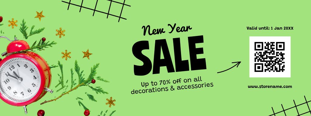 Designvorlage New Year Holiday Sale with Alarm Clock in Green für Coupon