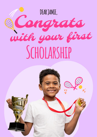 Scholarship Congratulation with Smiling Boy Postcard A6 Verticalデザインテンプレート