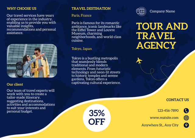 Travel Tours Offer on Blue and Yellow Brochureデザインテンプレート