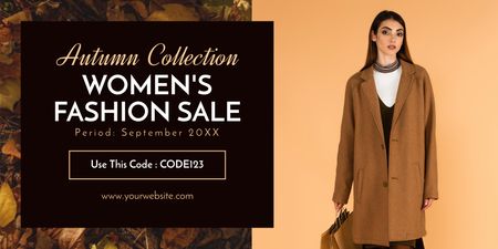 Liquidação de moda feminina com mulher em um casaco estiloso Twitter Modelo de Design