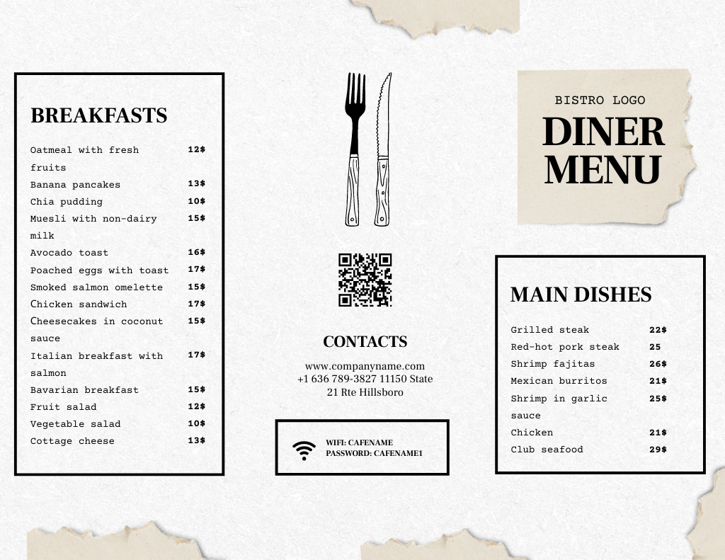 Designvorlage Illustrated Cutlery With Breakfasts List für Menu 11x8.5in Tri-Fold