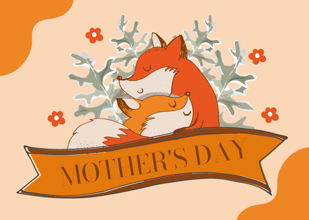 Mother's Day Holiday Greeting with Cute Family Foxes Card Design Template