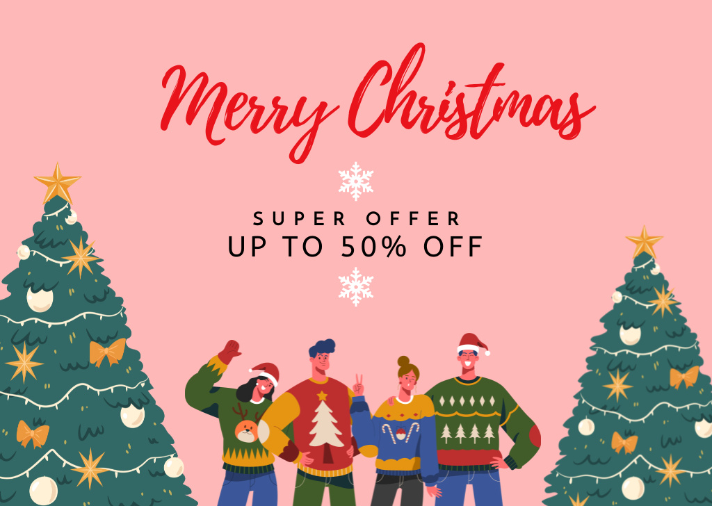 Happy People at Christmas Party And Sale Offer Card – шаблон для дизайну
