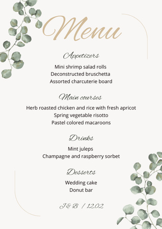 Neutral Wedding Food List with Green Leaves Menu tervezősablon