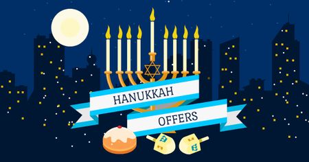 Plantilla de diseño de oferta de hanukkah con ciudad nocturna Facebook AD 