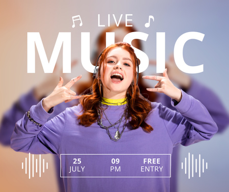 Live Music Festival with Young Woman in Headphones Facebook Design Template
