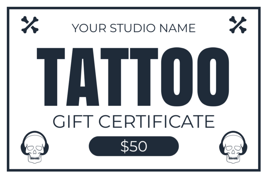 Creative Skulls And Tattoo With Discount In Studio Gift Certificate Design Template