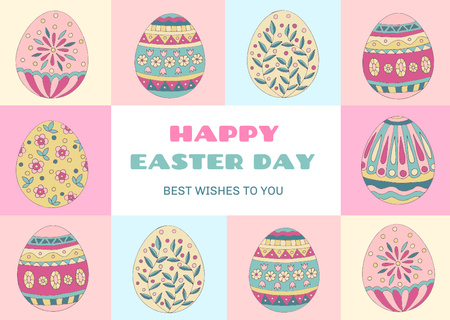 Easter Greeting with Painted Easter Eggs with Different Colored Pattern Card Design Template