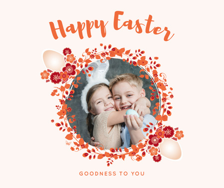 Platilla de diseño Happy Easter Greeting with Cheerful Kids with Easter Egg Facebook
