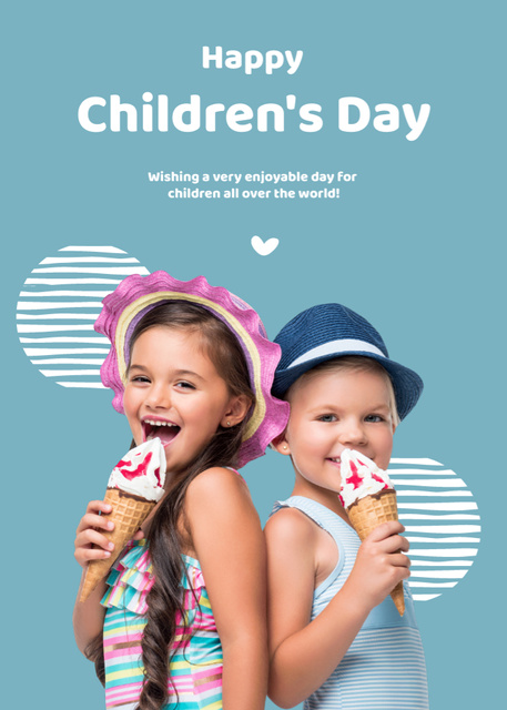 Designvorlage Children's Day with Smiling Kids Eating Ice Cream für Postcard 5x7in Vertical
