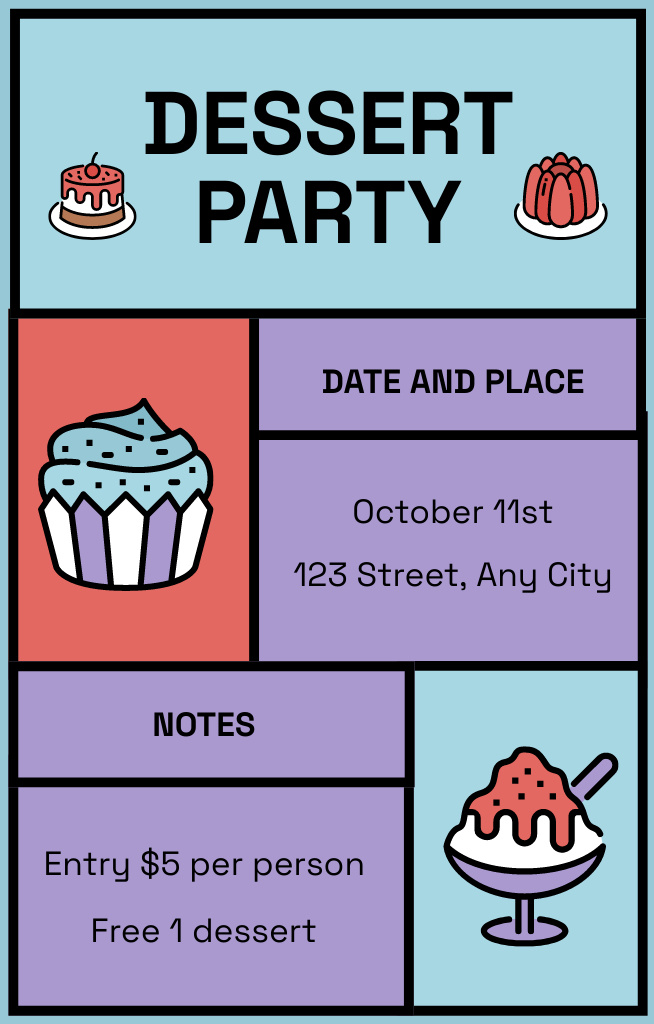 Dessert Party on Blue and Purple Invitation 4.6x7.2in – шаблон для дизайну