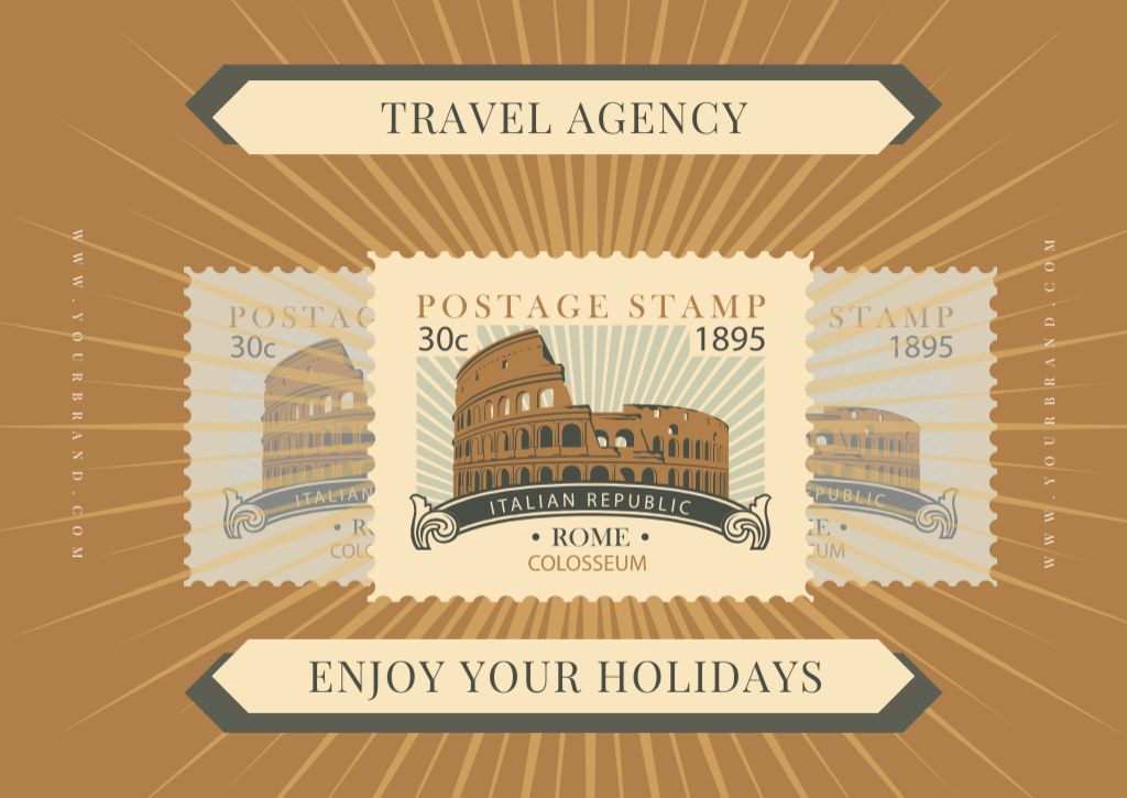 Travel Agency Ad with Vintage Postal Stamp Card Design Template