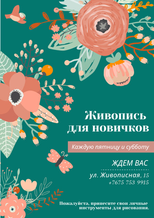 Painting Classes Ad with Tender Flowers Drawing Poster – шаблон для дизайна