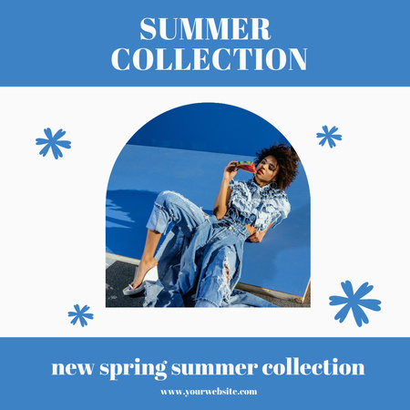 Designvorlage Sommerkollektionsanzeige mit Frau in Jeanskleidung für Instagram AD