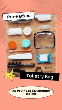 Plantilla de diseño de Neceser preempaquetado con elementos esenciales de higiene para viajeros Instagram Video Story 