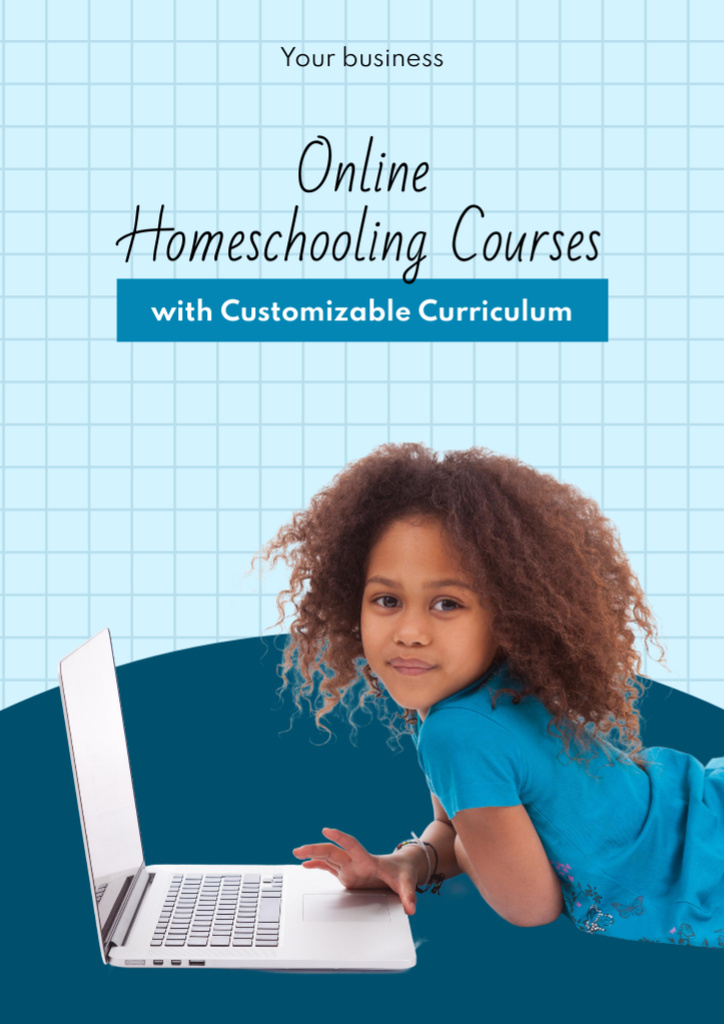 Designvorlage Home Education Ad with Cute African American Girl using Laptop für Flyer A4
