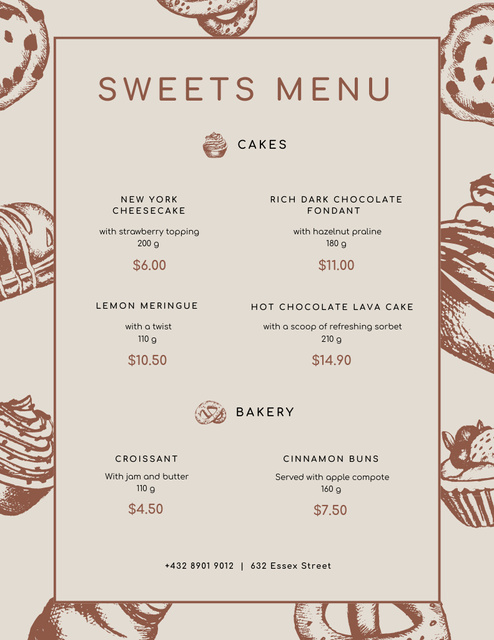 Sweets And Bakery Sketches For Sweets List Menu 8.5x11in – шаблон для дизайну
