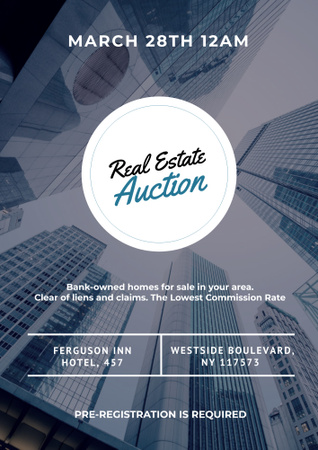 Real Estate Auction with Skyscraper in Blue Poster B2 Design Template