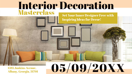 Plantilla de diseño de Masterclass de decoración de interiores con sofá en habitación Title 1680x945px 