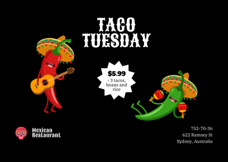 Taco Tuesday Announcement with Funny Peppers Flyer A6 Horizontal Design Template