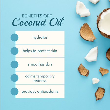 Template di design Elenco dei vantaggi dell'olio di cocco su un blu Instagram