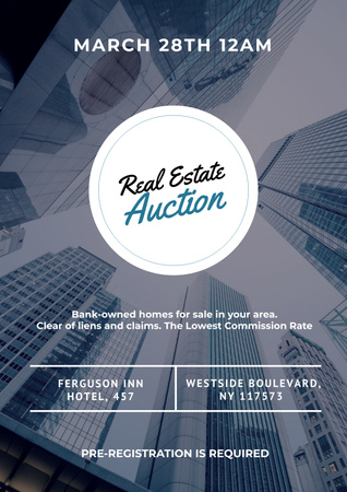 Real Estate Auction with Skyscraper in Blue Poster Tasarım Şablonu