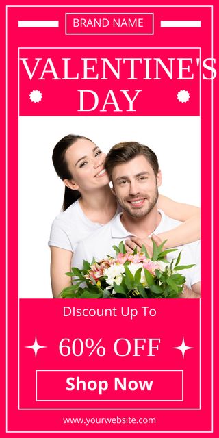 Valentine's Day Sale with Couple holding Beautiful Bouquet Graphic Design Template